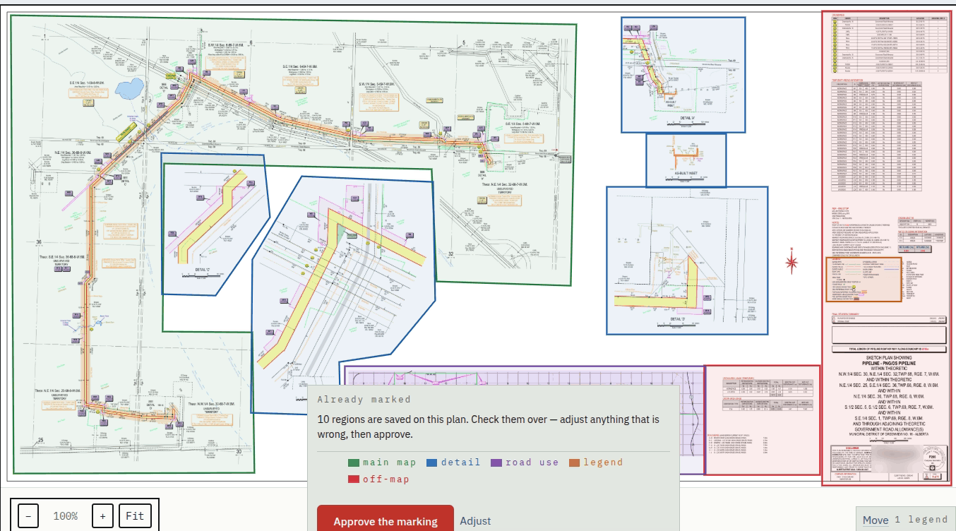 A survey plan with its working regions outlined and colour-coded — main map, detail, road use, legend and off-map — and the marking ready to be approved.