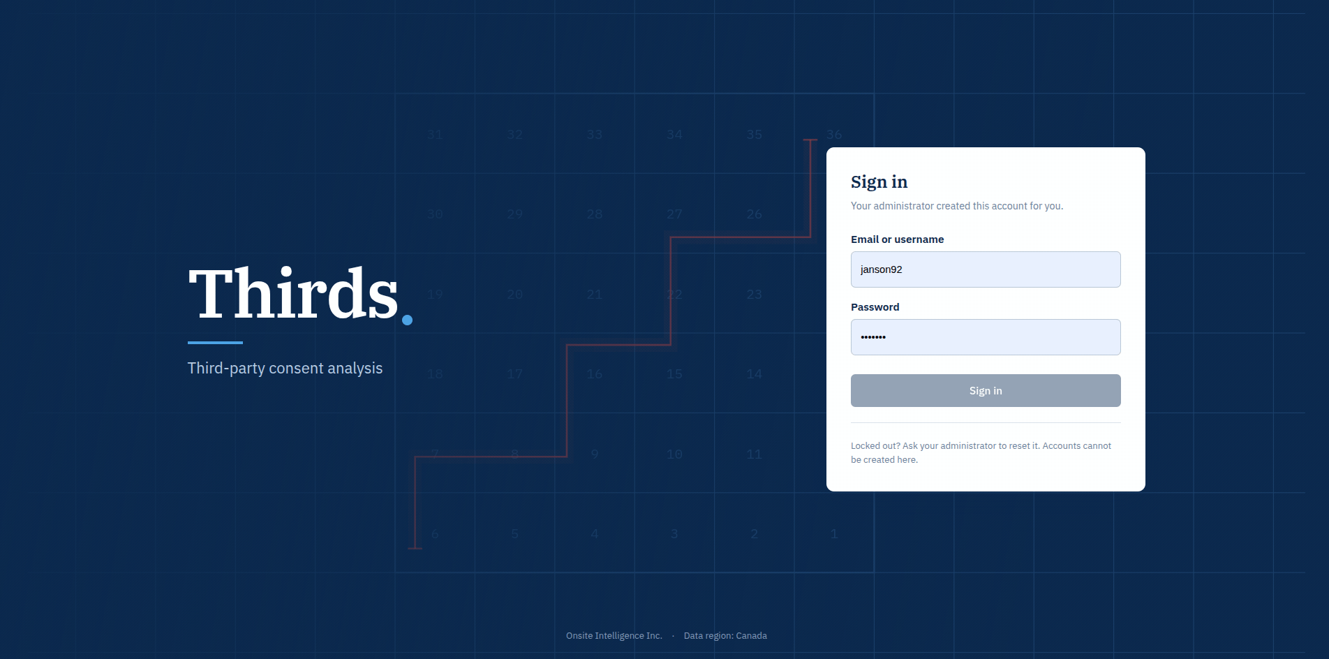The Thirds sign-in screen: the product wordmark over a dark plan-grid background, beside a sign-in panel.