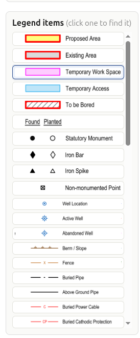 A panel listing the legend items found on the plan — proposed area, existing area, temporary work space, statutory monument, iron bar, fence, buried pipe, buried power cable and more — each with the symbol that stands for it.