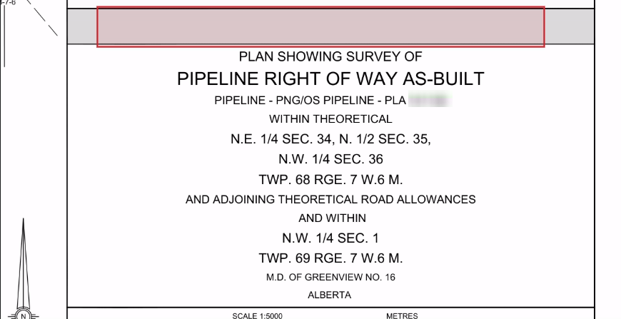 A survey plan's title block after redaction: the band that carried the client's name is empty and outlined in red, while the plan's own description below it is untouched.